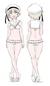 1girl ass bikini bikini_skirt blonde_hair blue_eyes breasts from_behind full_body hat kantai_collection lowleg lowleg_bikini microskirt multiple_views sailor_bikini sailor_collar sailor_hat sandals short_hair simple_background skirt small_breasts swimsuit tamu_(mad_works) white_background white_bikini white_hat white_sailor_collar z1_leberecht_maass_(kancolle) z1_leberecht_maass_(swimsuit)_(kancolle)