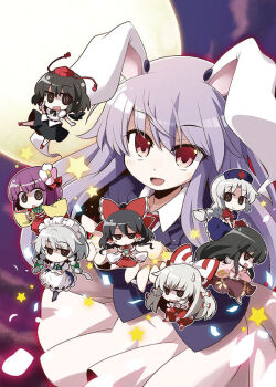 6+girls akaneya animal_ears black_eyes black_hair bow rabbit_ears chibi flower fujiwara_no_mokou full_moon hair_bow hair_flower hair_ornament hair_tubes hakurei_reimu hat hieda_no_akyuu houraisan_kaguya izayoi_sakuya jitome maid moon multiple_girls purple_hair red_eyes reisen_udongein_inaba shameimaru_aya silver_hair touhou yagokoro_eirin