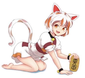 1girl :d animal_ears bare_legs barefoot bell breasts brown_hair calico_(pattern) cat_ears cat_girl cat_tail coin fang full_body gold goutokuji_mike happy highres jingle_bell looking_at_viewer maneki-neko midriff_peek multicolored_shirt multicolored_shorts multicolored_tail neck_bell open_mouth orange_eyes orange_hair patch patchwork_clothes puffy_short_sleeves puffy_sleeves revenge_(vengerezn) short_hair short_sleeves shorts simple_background small_breasts smile solo tail touhou white_background white_hair