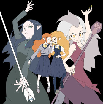 2girls aged_down arm_up bare_shoulders black_background black_hair black_nails blonde_hair closed_eyes dress dual_persona edalyn_clawthorne fang fingernails flat_color glasses gold_nails gold_teeth green_eyes grey_hair grey_legwear highres holding_hands interlocked_fingers lilith_clawthorne long_fingernails long_skirt looking_at_viewer multicolored_hair multiple_girls nail_polish orange_hair owlbert_(the_owl_house) pale_skin parted_lips pointy_ears round_eyewear school_uniform shoes short_sleeves siblings sisters skirt sleeveless sleeveless_dress smile sneakers socks staff the_owl_house tohrkgk torn_clothes torn_legwear two-tone_hair witch yellow_eyes