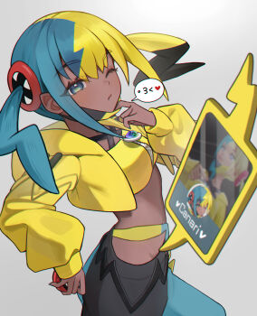 1girl absurdres bandeau belt black_belt blue_eyes canari_(pokemon) closed_mouth commentary cropped_jacket eyelashes gen_4_pokemon grey_background hand_up highres holding holding_poke_ball hood hood_down hooded_jacket jacket kooring long_sleeves mask mask_pull mouth_mask multicolored_hair nintendo one_eye_closed open_clothes open_jacket pants poke_ball poke_ball_(basic) pokemon pokemon_legends:_z-a rotom rotom_phone solo speech_bubble twintails yellow_bandeau yellow_jacket zipper zipper_pull_tab