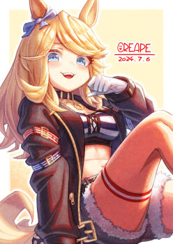 1girl animal_ears bandeau belt black_belt black_jacket blonde_hair blue_bow blue_eyes blush bow breasts chain commentary_request creape cutoffs denim denim_shorts ear_bow gloves gold_chain gold_city_(authentic/1928)_(umamusume) gold_city_(umamusume) highres horse_ears horse_girl horse_tail jacket long_hair long_sleeves looking_at_viewer medium_breasts midriff navel open_clothes open_jacket open_mouth shorts single_glove smile solo strapless striped_bandeau tail teeth thigh_strap tube_top umamusume upper_teeth_only