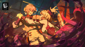 1boy 1girl absurdres artist_request blonde_hair copyright_logo grey_hair highres logo monster_girl nail_polish official_alternate_costume official_art tentacle_girl tentacle_tail tentacles wise_(soaring_crane)_(zenless_zone_zero) wise_(zenless_zone_zero) yidhari_murphy zenless_zone_zero