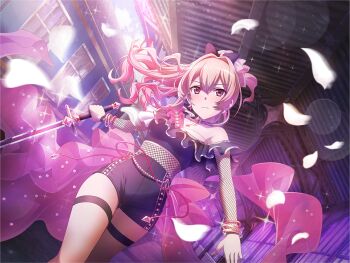 1girl black_shirt black_shorts bracelet brown_hair closed_mouth cosplay dutch_angle falling_petals fishnet_sleeves fishnets frilled_shirt frills game_cg hair_between_eyes holding holding_sword holding_weapon jewelry long_hair looking_at_viewer norn_(mythology) norse_mythology official_art petals ponytail purple_eyes saijou_claudine shirt shorts shoujo_kageki_revue_starlight shoujo_kageki_revue_starlight_-re_live- sidelocks solo standing sword thigh_strap upper_body wavy_hair weapon