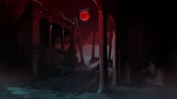 ballads_at_midnight building cobblestone column courtyard highres moon night no_humans non-web_source official_art outdoors path pillar red_moon red_theme road scenery sky stairs star_(sky) starry_sky