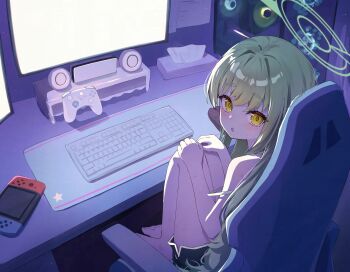 1girl :o bare_legs barefoot bitseon black_shorts blue_archive blush chair commentary computer_keyboard controller dolphin_shorts game_controller gaming_chair green_eyes halo hands_on_own_knees highres hikari_(blue_archive) indoors knees_up legs_together loli long_hair looking_at_viewer looking_back monitor nintendo_switch shorts sitting solo straight_hair strap_slip sweat swivel_chair tissue_box toenails toes very_long_hair yellow_eyes