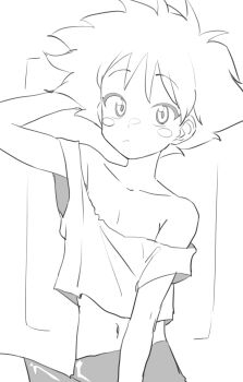 Rule 34 | 1girl, arm behind head, bike shorts, blush stickers, closed mouth, collarbone, cowboy bebop, crop top, edward wong hau pepelu tivrusky iv, flat chest, gazacy (dai), highres, lineart, messy hair, monochrome, navel, shirt, sketch, solo, strap slip