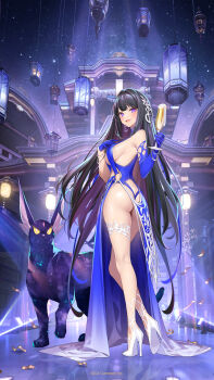 1girl :d architecture armpit_crease ass black_hair blue_dress blue_gloves bracelet breasts character_request creature_request cup dress drinking_glass earrings east_asian_architecture fang foam full_body gloves hair_ornament high_heels highres houchi_shoujo jewelry lantern long_hair official_art open_mouth paper_lantern purple_eyes shoes sideboob sky smile star_(sky) starry_sky very_long_hair white_shoes wine_glass