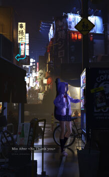 1girl 3d absurdres akiyama_mio artist_name bicycle black_socks bocchi_the_rock! box bucket cardboard_box character_name collared_shirt commentary commentary_typo english_commentary fire_hydrant gotoh_hitori hand_in_pocket highres ijichi_nijika k-on! kita_ikuyo kneehighs long_sleeves neck_ribbon night night_sky no_thank_you!_(k-on!) plaid_clothes plaid_skirt platform_truck poster_(object) power_lines red_ribbon reflection ribbon school_crossing_sign school_uniform shirt shoes skirt sky sneakers socks solo standing twitter_username utility_pole vending_machine vina_(lemontea) watermark white_shirt white_shoes yamada_ryo