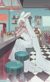 1girl animal_ears aqua_eyes bar_stool bridal_veil burger byuub ceiling_fan checkered_floor cheese cup diner dress drink drinking final_fantasy final_fantasy_xiv food french_fries hanging_light highres holding holding_cup holding_drink jukebox ketchup ketchup_bottle open_mouth pie rabbit_ears restaurant stool veil viera vinyl_record warrior_of_light_(ff14) wedding_dress white_hair