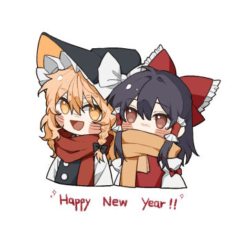 2girls :d ahoge black_bow black_dress black_hair blonde_hair blush_stickers bow braid brown_eyes chibi chinese_commentary commentary_request covered_mouth dress frilled_bow frilled_hat frills hair_bow hakurei_reimu happy_new_year hat hat_bow hitte5416 kirisame_marisa looking_at_another medium_hair messy_hair multiple_girls new_year open_mouth red_bow red_scarf red_vest scarf shirt smile sparkle touhou vest white_shirt witch_hat yellow_eyes yellow_scarf
