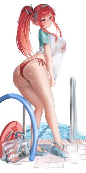 1girl absurdres aqua_hairband ass bikini breasts goddess_of_victory:_nikke hairband highres official_alternate_design official_alternate_hair_color official_alternate_hairstyle poolside rapi_(nikke) rapi_(red_hood)_(nikke) rapi_(red_hood)_(red_flavor)_(nikke) red_bikini red_eyes red_hair see-through_clothes see-through_shirt shirt simple_background smile solo sorashonoarts swimsuit wet wet_clothes wet_shirt white_background