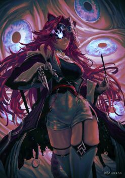 1girl absurdres animal_ears baloolax detached_sleeves goggles goggles_on_head highres holding holding_stylus hololive hololive_english long_hair panther_ears panther_girl pink_hair raora_panthera raora_panthera_(1st_costume) shorts solo stylus thighhighs virtual_youtuber white_shorts white_thighhighs wide_sleeves