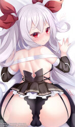 Rule 34 | 1girl, all fours, ass, azur lane, backboob, backless dress, backless outfit, bare shoulders, bent over, black panties, blush, boots, breasts, cameltoe, detached sleeves, dress, from above, gabriel evangel, garter straps, hair between eyes, hair ribbon, highres, kneeling, long hair, looking at viewer, looking back, panties, red eyes, red ribbon, ribbon, short dress, small breasts, smile, solo, thigh boots, top-down bottom-up, underwear, upskirt, vampire (azur lane), very long hair, white hair