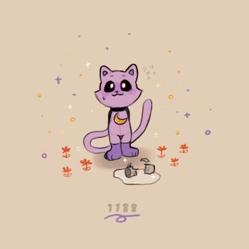 1boy :3 animal_ears black_sclera broken broken_cup broken_glass cat_boy cat_ears cat_tail catnap_(poppy_playtime) collar colored_sclera commentary_request cup dark_purple_fur flower flying_sweatdrops full_body glass highres jewelry looking_at_viewer male_focus moon_(ornament) moon_necklace multicolored_fur necklace poppy_playtime purple_fur smile smiling_critters sparkle standing sweatdrop tagme tail white_eyes