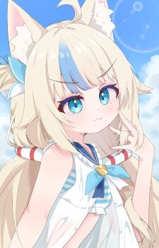 Rule 34 | 1girl, absurdres, animal ear fluff, animal ears, bikini, bikini under clothes, blonde hair, blue bikini, blue eyes, blue sailor collar, blue streaks, blunt bangs, commentary request, dress, fang, frilled bikini, frilled sailor collar, frills, hair flaps, highres, indie virtual youtuber, lifebuoy hair ornament, light blush, long hair, multicolored hair, nishikigishuika, one side up, open clothes, open dress, playing with own hair, sailor collar, sailor dress, sameko saba, skin fang, solo, streaked hair, striped bikini, striped clothes, swimsuit, very long hair, virtual youtuber