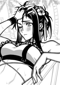 1girl bare_shoulders beach bikini black_hair blurry blurry_foreground blush breasts commentary english_commentary final_fantasy final_fantasy_vii final_fantasy_vii_rebirth final_fantasy_vii_remake flower frilled_bikini frills greyscale hair_flower hair_ornament hair_up hand_in_own_hair hand_on_own_head highres large_breasts long_hair midriff monochrome official_alternate_costume official_alternate_hairstyle one_eye_closed outdoors palm_tree seilidare sidelocks solo stomach sweatdrop swimsuit tifa_lockhart tifa_lockhart_(shining_spirit) toned toned_female tree upper_body wet wristband