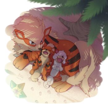 Rule 34 | 2024, arcanine, closed eyes, dated, fangs, footprints, gen 1 pokemon, growlithe, hair over eyes, hisuian growlithe, lying, nintendo, no humans, on back, on side, palm tree, pokemon, pokemon (creature), sand, sleeping, staryu, tree, wataame4907