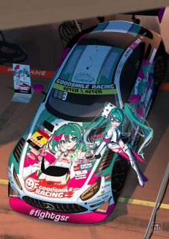 1girl absurdres aqua_eyes aqua_hair armband asymmetrical_sleeves belt black_gloves boots car crossed_legs elbow_gloves fingerless_gloves full_body gloves goodsmile_company goodsmile_racing green_eyes green_hair half-skirt haow hatsune_miku highres lace-up_boots long_hair looking_at_object mercedes-benz mercedes-benz_amg_gt midriff motor_vehicle multiple_persona navel o-ring o-ring_belt open_mouth pantyhose pink_armband pink_pantyhose race_queen race_vehicle racecar racing_miku racing_miku_(2025) single_thigh_boot sitting sitting_on_object smile solo spoiler_(automobile) sponsor super_gt thigh_boots thighhighs torn_clothes torn_thighhighs twintails two-sided_fabric vehicle_focus very_long_hair vest vocaloid wide_shot