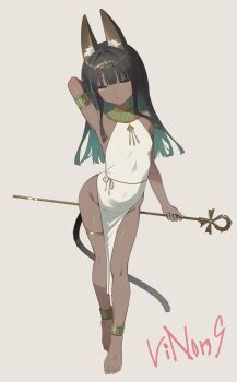 1girl ancient_egyptian animal_ear_fluff animal_ears ankh arm_behind_head arm_up bare_shoulders barefoot black_hair brown_egyptian_cat-eared_loli_(trend) cat_ears cat_girl cat_tail commentary_request covered_navel dark-skinned_female dark_skin dress full_body green_eyes green_hair green_nails grey_background groin highres holding long_hair looking_at_viewer multicolored_hair nail_polish open_mouth original pelvic_curtain sakura_rino signature simple_background solo standing streaked_hair tail toenail_polish toenails two-tone_hair white_dress