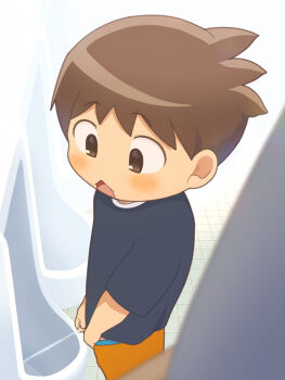 1boy aba_oji bathroom black_shirt blush brown_hair male_focus original peeing penis shirt shota solo urinal