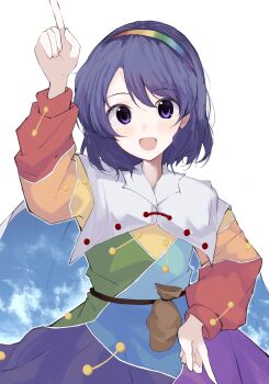 1girl arm_up belt_pouch blue_cape blue_hair cape cloud_print collared_cape dress hairband highres index_finger_raised iyo_mamoru looking_at_viewer multicolored_dress multicolored_hairband open_mouth patchwork_clothes pointing pointing_down pointing_up pouch purple_eyes rainbow_gradient rainbow_hairband sack short_hair sky_print smile solo tenkyuu_chimata touhou two-sided_cape two-sided_fabric unconnected_marketeers white_background