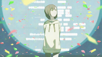 1girl absurdres adversarial_noise black_pants black_shirt brown_hair commentary_request confetti cowboy_shot dated drawstring film_grain hair_ornament hairclip highres hood hood_down hoodie long_sleeves looking_up mixed-language_text original pants sankakkee shirt short_hair solo standing twitter_username watermark white_hoodie yellow_eyes