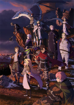 2024 6+boys ahoge axe blonde_hair brown_eyes brown_hair character_request cloak dagger dragon expressionless facial_hair fiery_hair forbartz_xylo goggles goggles_on_headwear grey_hair hat holding holding_axe holding_weapon huge_ahoge knife long_hair multiple_boys mustache official_art outdoors pink_hair smile standing tagme teoritta textless_version weapon yuushakei_ni_shosu
