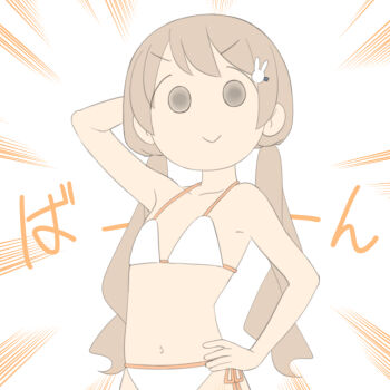 1girl arms_behind_head bikini blonde_hair flat_chest hair_ornament hands_on_own_hips juukyuu long_hair mob_face navel original rabbit_hair_ornament simple_background swimsuit twintails white_background