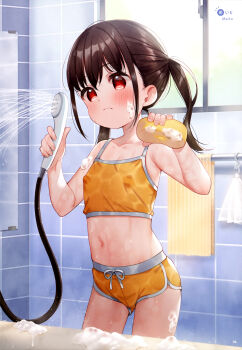 1girl absurdres armpit_crease artist_name bare_arms bare_shoulders blush brown_hair closed_mouth collarbone covered_erect_nipples cowboy_shot crop_top dengeki_moeoh fang flat_chest groin hair_between_eyes hands_up highres holding holding_shower_head holding_sponge indoors loli long_hair looking_ahead magazine_scan meito_(maze) midriff mirror navel orange_shorts original page_number red_eyes scan short_shorts shorts shower_head sidelocks skin_fang soap_bubbles solo sponge standing stomach third-party_source tile_wall tiles towel twintails water wet wet_clothes window