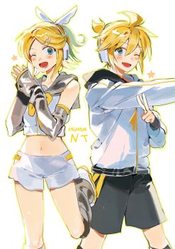 1boy 1girl ;d bare_shoulders black_sailor_collar black_shorts blonde_hair blue_eyes blush bow bowtie brother_and_sister character_name crop_top detached_sleeves grey_sailor_collar grey_sleeves hair_bow hair_ornament hairclip headphones highres hood hoodie jacket kagamine_len kagamine_len_(nt) kagamine_rin kagamine_rin_(nt) leg_up leg_warmers looking_at_viewer midriff nail_polish navel one_eye_closed open_mouth own_hands_together piapro_studio ponytail sailor_collar samsap shirt short_hair short_ponytail short_shorts shorts siblings sleeveless sleeveless_shirt smile standing standing_on_one_leg star_(symbol) twins v vocaloid white_background white_bow white_shirt white_shorts yellow_nails