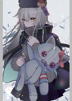 108shizuku 1girl charlotta_skopovskaya commentary_request crack cracked_glass grey_hair hat heaven_burns_red highres long_hair stuffed_animal stuffed_toy ushanka yellow_eyes