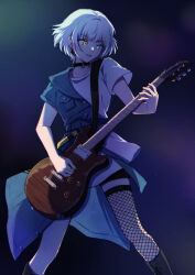 Rule 34 | 1girl, absurdres, bang dream!, bang dream! it&#039;s mygo!!!!!, black background, blue coat, blue eyes, coat, commentary, earrings, electric guitar, fishnet thighhighs, fishnets, gibson les paul, guitar, heterochromia, highres, instrument, jacha gam, jewelry, kaname raana, legs apart, light particles, medium hair, parted lips, playing guitar, shirt, short sleeves, single thighhigh, smile, solo, stud earrings, thighhighs, white hair, white shirt, yellow eyes