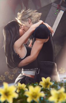 1boy 1girl 3d armpit_crease arms_around_neck bare_arms bare_shoulders black_gloves black_hair black_vest blonde_hair blurry blurry_background blurry_foreground buster_sword closed_eyes cloud_strife commentary couple cowboy_shot crop_top earrings facing_another fenrir_(final_fantasy) final_fantasy final_fantasy_vii final_fantasy_vii:_advent_children flower from_side gloves height_difference highres hug imminent_kiss jewelry kiss long_hair materia planted planted_sword planted_weapon profile red_ribbon ribbon shirt single_shoulder_pad sleeveless sleeveless_shirt spiked_hair sreliata stud_earrings sword tank_top tifa_lockhart vest weapon white_tank_top yellow_flower