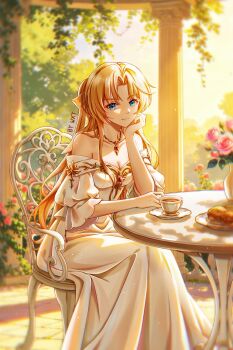 1girl azur_lane blue_eyes breasts chair collarbone commentary_request dress feet_out_of_frame flower gem highres hoshidou-sama long_hair looking_at_viewer medium_breasts orange_hair pink_flower pink_rose red_gem rose round_table sitting solo table tea vanguard_(azur_lane) vase white_dress