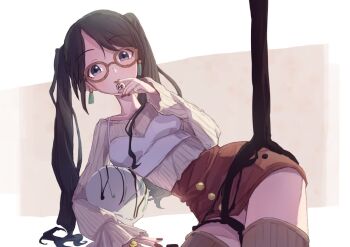 1girl black_hair blue_eyes breasts candy chocolate chocolate_on_body earrings elbow_rest food food_on_body glasses holding holding_candy holding_food idolmaster idolmaster_shiny_colors jewelry long_hair lying miniskirt mitsumine_yuika mozzy0v0y on_side red-framed_eyewear red_nails ribbed_shirt ribbed_socks shirt skirt small_breasts socks solo thighhighs twintails two-tone_background zettai_ryouiki