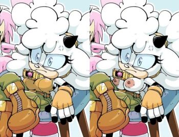 adam_bryce_thomas anger_vein angry bell blue_eyes boots breasts buckle bulging_eyes bulging_veins cargo_pants collar combat_boots eyelashes fingerless_gloves gloves horns inker_comics lanolin_the_sheep large_breasts nipples nude_edit nude_filter pants sega sheep_girl sheep_horns sitting sonic_(series) sonic_the_hedgehog_(idw) third-party_edit topless_female