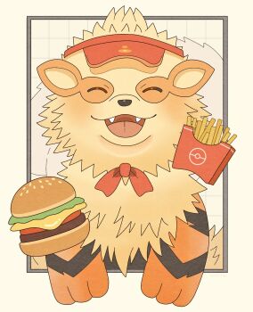 Rule 34 | arcanine, blush, bow, burger, closed eyes, facing viewer, fangs, fangs out, fluffy, food, french fries, gen 1 pokemon, highres, nintendo, no humans, open mouth, orange fur, pokemon, pokemon (creature), red bow, smile, visor cap, waltz (wal w wal)