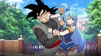 aqua_(konosuba) belt black_hair blue_eyes blue_hair blue_sky crossover dragon_ball dragon_ball_super dragonsuba fake_screenshot goku_black grabbing_another&#039;s_hair holding_another&#039;s_hair kono_subarashii_sekai_ni_shukufuku_wo! long_hair long_sleeves miniskirt muscular muscular_male red_belt school sidelocks skirt sky very_long_hair