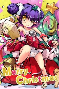 1girl bare_shoulders barefoot bell blush box candy character_request christmas christmas_tree clothes_lift collarbone commentary_request double_bun dress dress_lift fang fingerless_gloves flat_chest food full_body fur-trimmed_gloves fur_trim gloves hair_between_eyes hair_bun highres himegami_kagura holding holding_box holding_food leg_up loli lollipop looking_at_viewer merry_christmas ms06s official_art panties pointy_ears purple_hair red_dress red_gloves short_dress sidelocks sleeveless sleeveless_dress smile solo standing standing_on_one_leg star_(symbol) teeth underwear white_panties