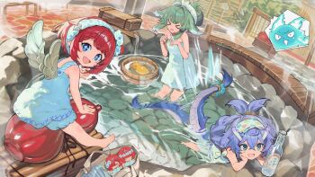 &gt;_&lt; 3girls angel_wings bailu_(honkai:_star_rail) blue_dress blue_eyes bottle bucket bucket_of_water character_doll commentary_request doll dragon_girl dragon_tail dress green_hair guest_art hashibiro_kou_(garapiko_p) highres honkai:_star_rail honkai_(series) huohuo_(honkai:_star_rail) kobe long_hair multiple_girls naked_towel onsen pointy_ears purple_eyes red_hair rubber_duck short_hair sitting smile tail tail_(honkai:_star_rail) towel towel_on_head trianne_(honkai:_star_rail) tribbie_(honkai:_star_rail) trinnon_(honkai:_star_rail) wings