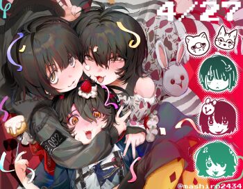 3boys black_hair black_jacket black_tank_top confetti diandian_quan fang food food_on_face food_on_hair fork fruit hair_between_eyes highres holding holding_fork hug jacket long_sleeves looking_at_viewer male_focus mashiro_meme mashiro_meme_(1st_costume) mashiro_meme_(2nd_costume) mashiro_meme_(3rd_costume) multicolored_hair multiple_boys multiple_persona nijisanji off-shoulder_shirt off_shoulder official_alternate_costume red_scarf scarf shirt short_hair smile strawberry streaked_hair tank_top v virtual_youtuber whipped_cream white_shirt yellow_eyes