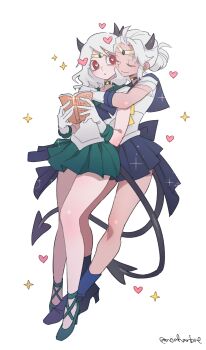 2girls absurdres bishoujo_senshi_sailor_moon black_horns black_shoes black_skirt book bright_pupils closed_eyes demon_tail gloves green_shoes green_skirt heart helltaker high_heels highres holding holding_book horns hug hug_from_behind justice_(helltaker) modeus_(helltaker) multiple_girls noah_(tettsui-sole) pleated_skirt red_eyes shirt shoes skirt smile tail twitter_username white_gloves white_pupils white_shirt
