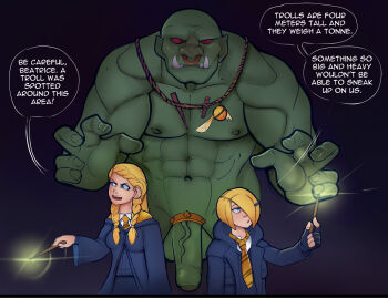 1boy 2girls abs beatrice_haywood blonde_hair blue_robe cock_ring colored_skin english_text fingerless_gloves gloves green_skin hair_over_one_eye harry_potter:_hogwarts_mystery harry_potter_(series) highres holding holding_wand jewelry long_hair markydaysaid multiple_girls muscular muscular_male necklace necktie nipples open_mouth penis penny_haywood red_eyes robe sex_toy shirt short_hair speech_bubble troll wand white_shirt wizarding_world yellow_necktie
