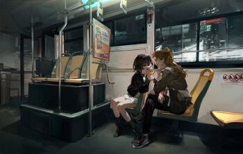 2girls black_hair black_jacket black_pants brown_hair bus bus_interior crossed_legs dress hand_grip highres jacket long_hair looking_at_another motor_vehicle multiple_girls original pants seat short_hair shuimian_touzhi sign sitting vehicle_interior wariza white_dress window
