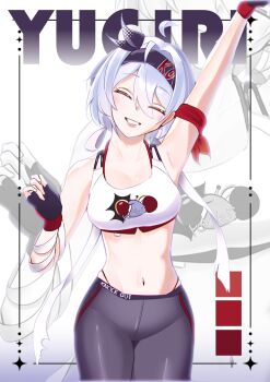 1girl absurdres ahoge alternate_costume armpits bandaged_arm bandages bandana bandana_around_arm bare_shoulders blue_hair bob_cut breasts cleavage closed_eyes collarbone detached_ahoge fingerless_gloves gloves hair_between_eyes halterneck hands_up head_tilt headband highleg highleg_panties highres medium_breasts navel official_alternate_costume panties pants parted_lips short_hair simple_background smile solo sports_bra sportswear standing strinova sweatpants teeth tight_clothes tight_pants underwear white_background yugiri_(power_and_speed)_(strinova) yugiri_(strinova) yunisdead