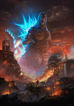 Rule 34 | 1boy, absurdres, bandages, building, claws, clock, clock tower, cloud, debris, destruction, dinosaur, embers, energy, english text, epic, fire, giant, giant monster, glowing, glowing eyes, glowing spikes, godzilla, godzilla (series), godzilla minus one, highres, kaiju, looking at viewer, looking down, masashi toy, monster, no pupils, open mouth, overcast, power lines, real world location, rubble, sharp teeth, shikishima koichi, sign, signature, sky, smoke, spikes, tail, teeth, toho, tokyo (city), tongue, tower, wako (department store), wako clock tower, white eyes