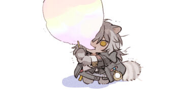 1girl animal_ears belt black_gloves black_jacket black_skirt chibi chibi_only commentary_request cotton_candy eating food full_body gloves grey_belt grey_hair hair_between_eyes holding holding_cotton_candy holding_food honkai:_star_rail honkai_(series) jacket kemonomimi_mode long_hair long_sleeves looking_at_food messy_hair miniskirt open_clothes open_jacket pocket_watch raccoon_ears raccoon_tail rizu033 shadow shirt simple_background skirt solo stelle_(honkai:_star_rail) t-shirt tail trailblazer_(honkai:_star_rail) watch white_background white_shirt yellow_eyes