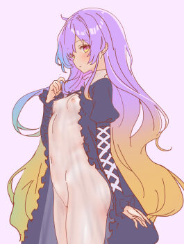 1girl black_jacket blush breasts cross-laced_clothes cross-laced_sleeves dress gradient_hair hijiri_byakuren jacket long_hair long_sleeves looking_at_viewer multicolored_hair navel nipples pink_background purple_hair pussy see-through_clothes see-through_dress simple_background small_breasts soara_shimomo solo touhou white_dress yellow_eyes