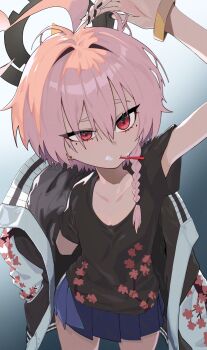 1girl ahoge arm_up black_nails black_shirt blue_archive blue_background blue_skirt bracelet braid brushing_teeth earrings flat_chest floral_print floral_print_jacket floral_print_shirt hair_tie halo highres huge_ahoge jacket jewelry jjigong_chigon mole mole_under_each_eye mole_under_eye multiple_moles neru_(blue_archive) off-shoulder_jacket off_shoulder open_clothes open_jacket orange_hair red_eyes shirt short_hair side_braid skirt solo standing sukajan t-shirt toothbrush toothbrush_in_mouth toothpaste